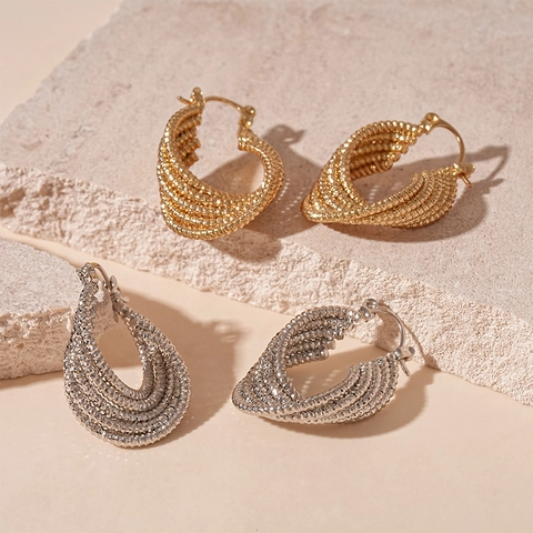 Orecchini A Cerchio Ovali Geometrici Vintage Multistrato Texture Costine Metallo Con Perno In Argento Per Donna Eleganti