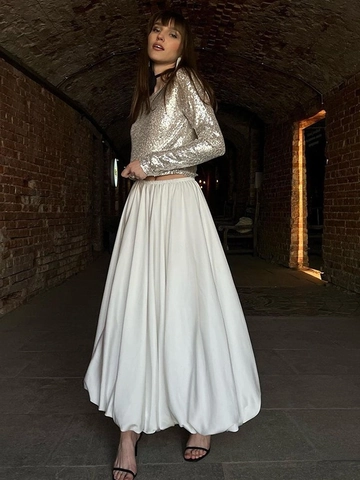 Gonna Longuette In Satin Elegante Da Donna Vita Alta Pieghe Design A Bocciolo Linea A Stile Francese Alla Moda