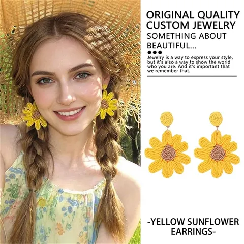 Bohemian Raffia Woven Earrings Water Drop Flower Fan Fringe Beach Vacation Jewelry With Steel Or Silver Earring Post