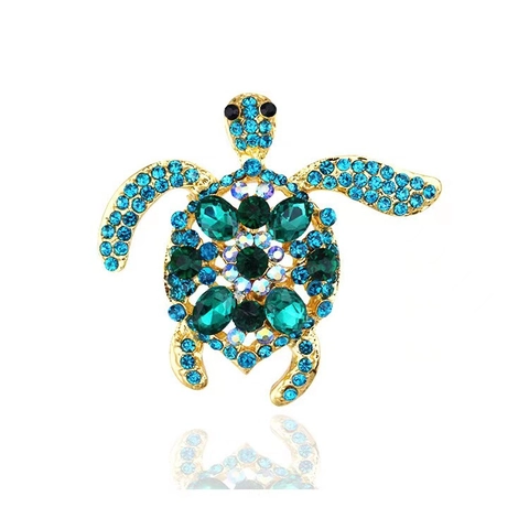 Vintage Meeresschildkröte Brosche Anstecknadel Für Damen Legierung Mit Blauen Rhinestones Grünen Kristallen Goldton