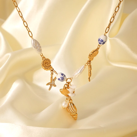 Oceaan Thema Ketting Roestvrij Staal Verguld Schelp Zeester Zeepaardje Kunstparel Keramische Kralen Strandvakantie Sieraden Vrouwen