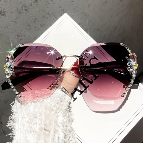 Rimless Oversized Sunglasses For Women Luxury Fashion Gradient Lens Rhinestone UV400 Protection Metal Frame Eyewear