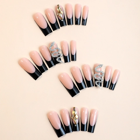 Long Square Press On Nails French Black Tip With 3D Snake Alloy Rhinestone Decorations Luxury Artificial Fake Nails