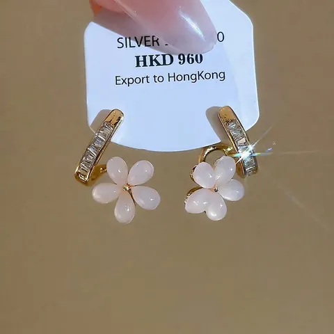 Orecchini A Fiore Rame Con Placcatura Oro 18K Zircone Pietra Occhio Gatto Petali E Perno Argento Per Donne Eleganti