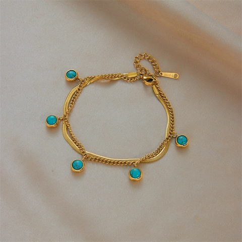 Double Layer Chain Bracelet Stainless Steel 18K Gold Plated Round Turquoise Pendants Vintage Minimalist Jewelry For Women