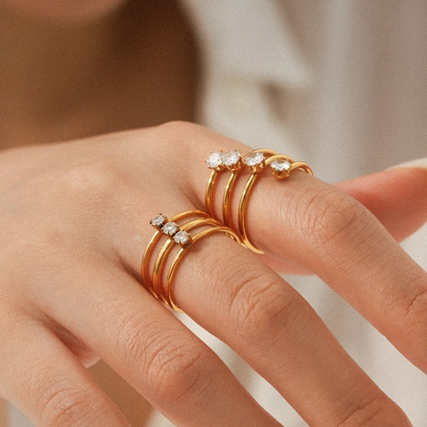 Multi Layer Stainless Steel Ring With Zirconia Inlaid Open Adjustable Spiral Finger Jewelry For Women Fashion