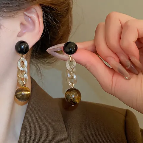 Pendientes Largos Vintage Con Poste De Plata De Ley 925 Eslabones De Resina Y Ojo De Tigre Artificial Para Mujer