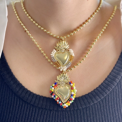 Vintage Heilig Hart Anhänger Halskette Mit Kupfer Kugelkette Und Bunten Perlen Handgefertigt Bohemian Schmuck Für Damen