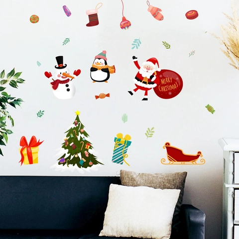 Weihnachten Wandsticker Set PVC Cartoon Weihnachtsmann Schneemann Pinguin Schlitten Festive Aufkleber Für Schlafzimmer