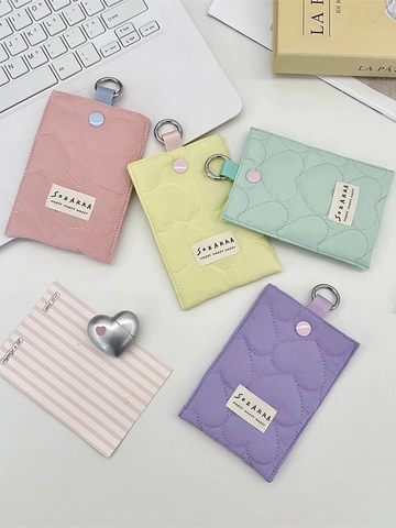 Portatarjetas De Corazón Acolchado Color Macaron Poliéster Funda Para Credencial Con Anillo De Metal Y Botón A Presión
