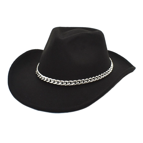 Women Western Cowboy Fedora Hat With Metal Chain Decor Wide Brim Solid Color Jazz Cap For Travel Outdoor Fashion Hat