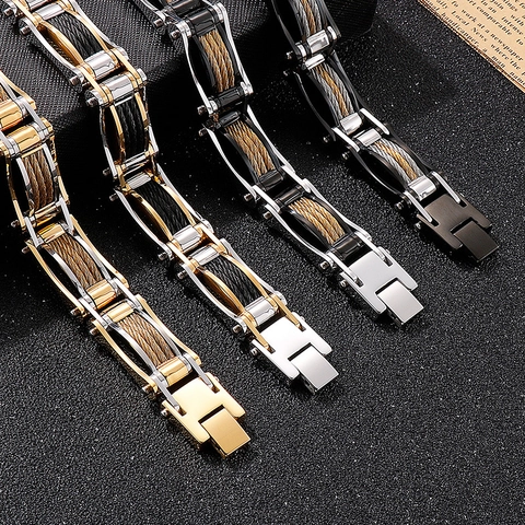 Industrial Punk Bracelet For Men Stainless Steel With Steel Cable Inlay Mechanical Chain Link Motorcycle Rock Jewelry