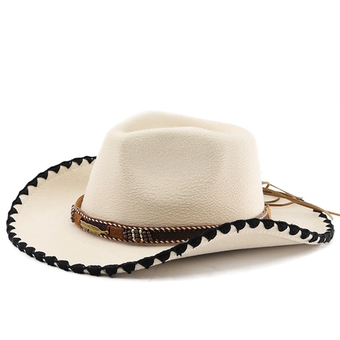 Western Cowboy Hat Wide Brim Cotton Polyester Felt Ethnic Style Feather Bead Belt Tassels Jazz Fedora For Men Women