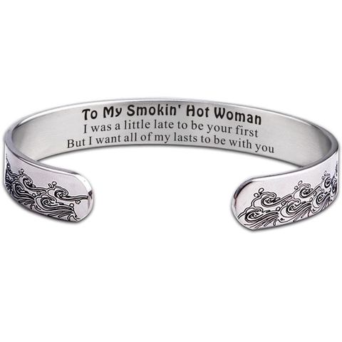 Edelstahl Manschette Armreif Graviert To My Smokin Hot Woman Wellenmuster Verstellbarer Schmuck Geschenk Für Sie