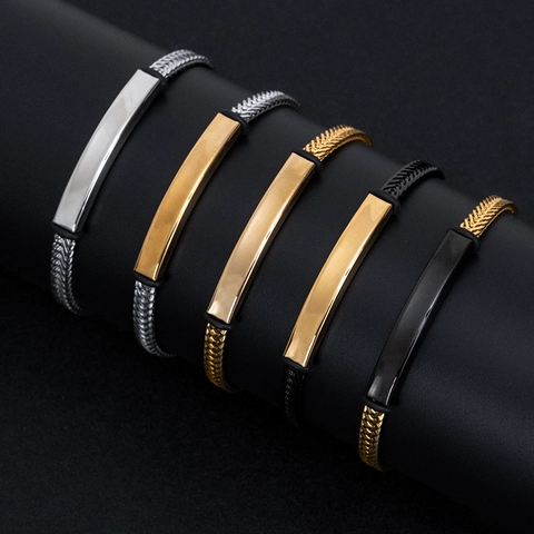 Hip Hop Punk Geflochtenes Kettenarmband Titan Edelstahl Poliertes Rechteckiges Plattenarmreif Für Unisex Männer Frauen