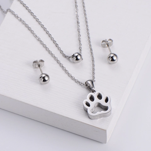 Collana A Doppio Strato Con Impronta Di Zampa E Orecchini A Bottone In Acciaio Inossidabile Gioielli Minimalisti Donna