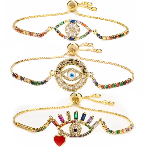 Vergoldetes Kupfer Böser Blick Hamsa Hand Verstellbares Slider Armband Für Damen Regenbogen Zirkonia Herz Mond Schmuck