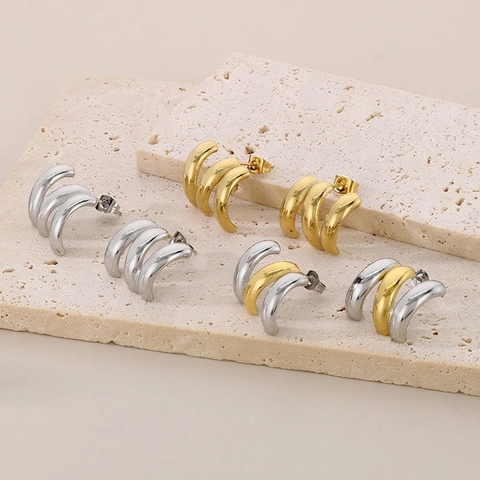 Pendientes De Aro En Forma De C Acero Inoxidable 316L Multicapa Geométrico Pulido Joyería De Moda Para Mujer