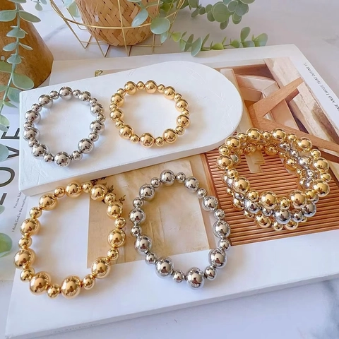 Pulsera De Cuentas Cobre Chapado Elástica Bola Redonda Simple Joyería De Moda Para Mujeres Y Hombres
