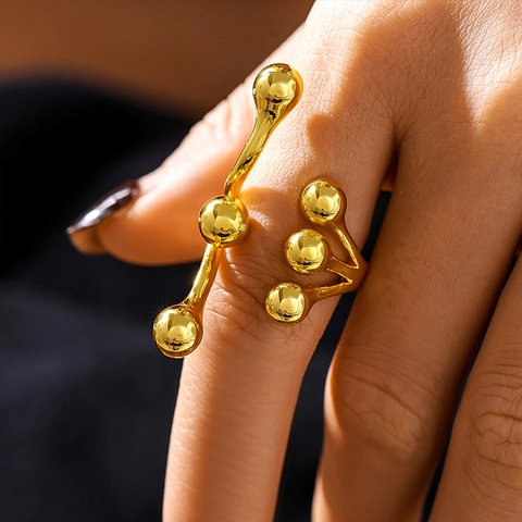 Künstlerischer Multisphären Ring Titanstahl 18K Vergoldet Verzweigt Geometrisch Minimalistischer Schmuck Für Frauen
