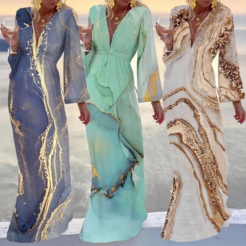 Women V Neck Maxi Dress Long Sleeve Marble Print Gold Foil Bohemian Beach Vacation Polyester Elegant
