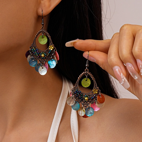 Bohemian Drop Earrings Vintage Ethnic Alloy Shell Water Drop Shape Hollow Jewelry With Stainless Steel Earring Post