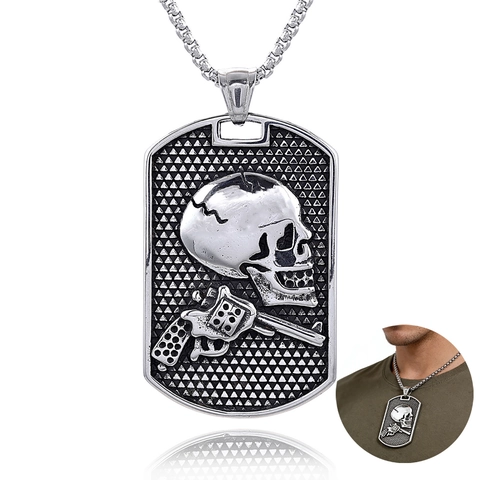 Collana Con Ciondolo A Piastrina In Acciaio Inossidabile Da Uomo Motivo Teschio Pistola Revolver Punk Rock Goth Gioielli