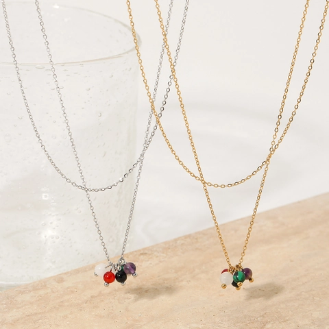 Collana A Doppio Strato In Acciaio Inossidabile Con Perle In Pietra Naturale Colorata Pendente Gioielli Di Moda Minimalista Per Donne