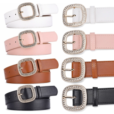 Cintura da Donna alla Moda con Fibbia Quadrata con Strass Intarsiati in Pelle PU Elegante Cinturino Versatile per Abito