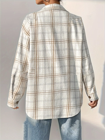 Giacca Camicia A Quadri Da Donna Manica Lunga Risvolto Bottoni Casual Taglio Lungo Blusa Con Tasche Poliestere Elastan