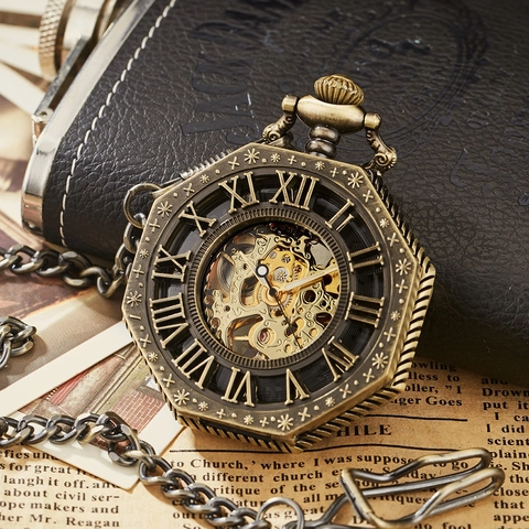 Vintage Mechanical Pocket Watch Octagonal Skeleton Dial Roman Numerals Alloy Case With Chain Retro Antique Style Men Women