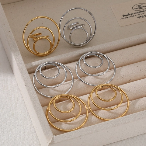 Geometrische Roestvrijstalen Oorbellen En Spiraalring PVD Verguld Meerlagige Geneste Cirkels Stoere Minimalistische Sieraden Voor Vrouwen