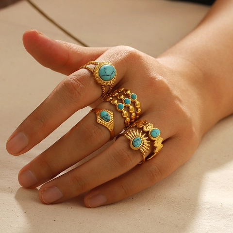 Böhmischer Türkis Ring Edelstahl 18K Vergoldet Vintage Geometrisches Band Für Frauen