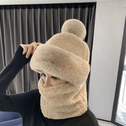 Women Kids Winter Warm Knitted Hat Scarf Integrated Ear Protection Beanie With Pom Pom Faux Fur Trim Windproof Thermal Headwear