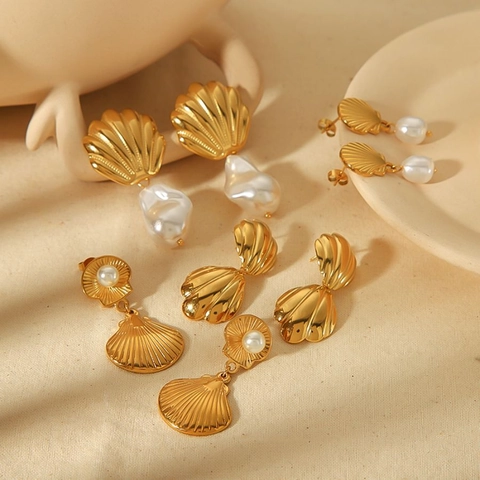 Muschel Künstliche Perlen Ohrringe Edelstahl 18K Vergoldet Elegant Meer Stil Vintage Schmuck Für Frauen