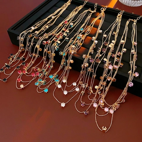 Collier Multirang En Cuivre Avec Pierres De Zircon Rondes Élégant Mode De Luxe Chaîne De Clavicule Pour Femmes