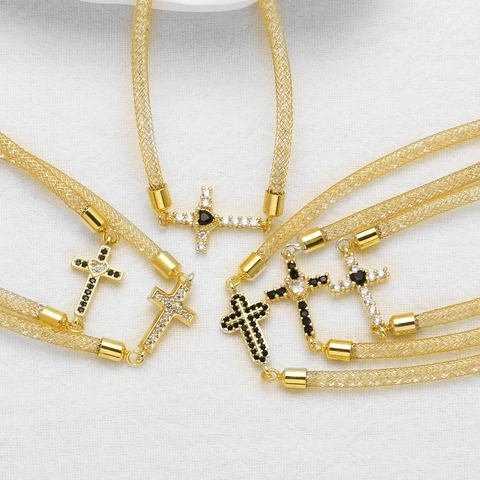 Cross Pendant Bracelet 18K Gold Plated Copper Metal Mesh Chain With Zirconia Fashion Jewelry For Women