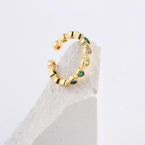 Bunter Herz Zirkon Offener Ring Kupfer 18K Vergoldet Geometrisch Verstellbarer Schmuck Für Frauen Modisch