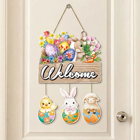 Wooden Easter Welcome Sign Hanging Decoration Cute Bunny Egg Design For Front Door Wall Porch Holiday Home Decor