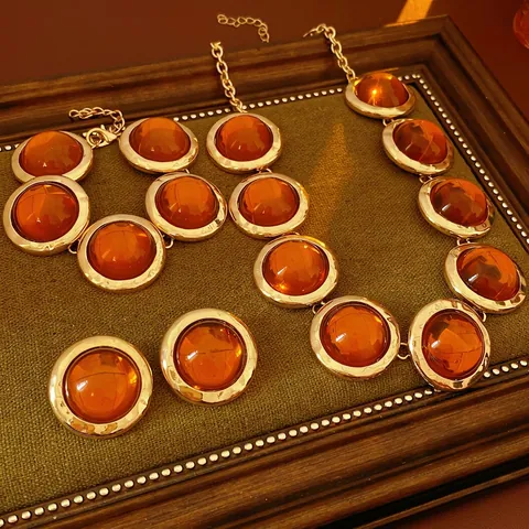 Vintage Retro Necklace Bracelet Earrings Gold Plated Alloy Amber Resin Round For Women Elegant Jewelry With Silver Earring Post