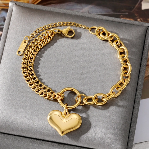 Golden Stainless Steel Bracelet Heart Pendant Double Layer Chain Jewelry For Women Asymmetrical Link Trendy Accessory
