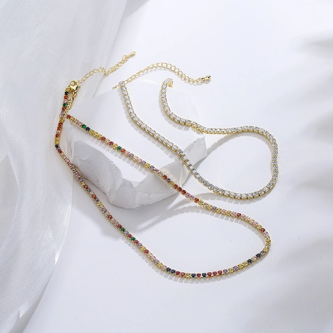 Tennis Necklace Copper 18K Gold Plated Cubic Zirconia Rainbow Colorful Clear Stone Adjustable Clavicle Chain For Women