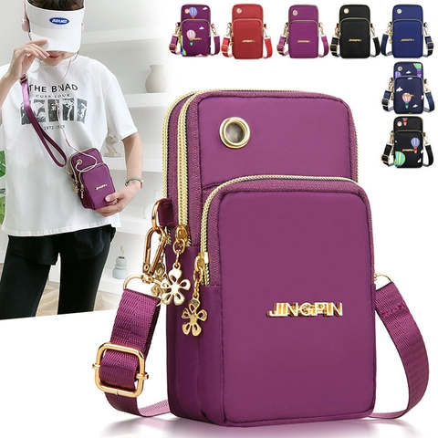 Nylon Crossbody Phone Bag Women Three Layer Zipper Multi Pocket Casual Mini Vertical Shoulder Pouch With Headphone Hole