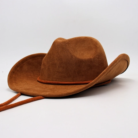 Western Cowboy Hat Vintage Faux Suede Wide Brim With Adjustable Wind Rope Braided Band Retro Jazz Fedora Unisex