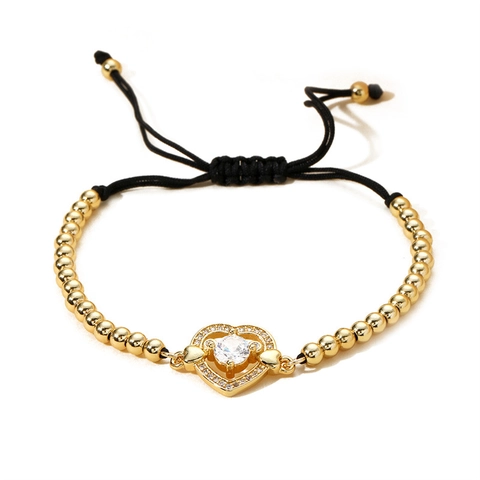 Bracciale Di Perline Regolabile Rame Micro Pave Zircone Ciondolo A Cuore Corda Intrecciata Perline Color Oro Per Donna