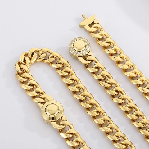 Collana A Catena Cubana In Acciaio Inossidabile Spessa Con Strass Fibbia Rotonda Hip Hop Streetwear Per Uomini