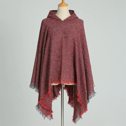 Women Hooded Poncho Cape Soft Polyester Warm Faux Cashmere Shawl With Tassels Solid Color Plaid Knitted Winter Scarf Wrap
