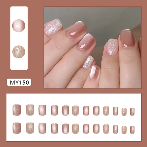 Short Square Press On Nails ABS Plastic Cat Eye Magnetic Shimmering Glitter Nude Pink Elegant For Women