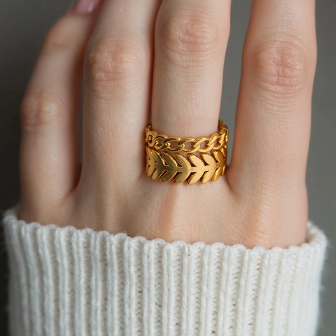 Stainless Steel Open Rings For Women 18K Gold Plated Leaf Chain Multilayer Adjustable Minimalist Fashion Jewelry Finger Ring