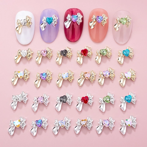 Legering Strik Nagelkunst Bedeltjes Hart Strass 3D Strikje DIY Manicure Accessoires Glanzend Metaal Edelsteen